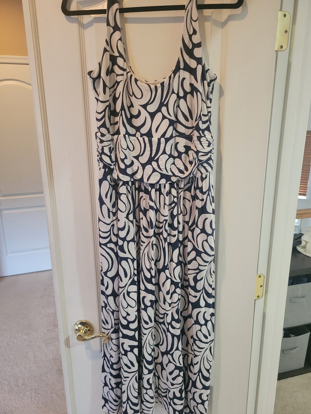 Boden Navy Blue White Abstract Swirl Floral Slinky Jersey Maxi Dress 12R